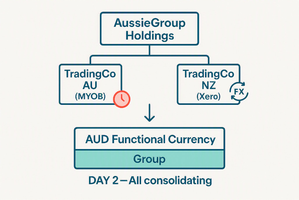 a practical example consolidating a three entity myob group