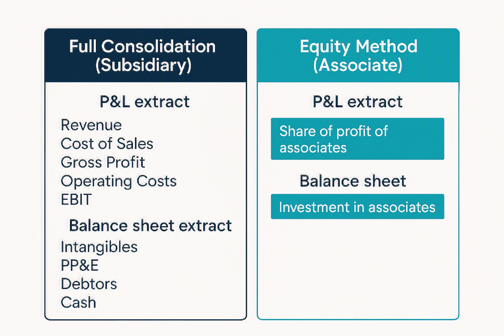 equity method vs full consolidation what appears in the group accounts
