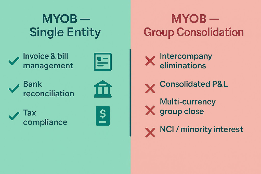 what myob can and can't do for multi entity groups