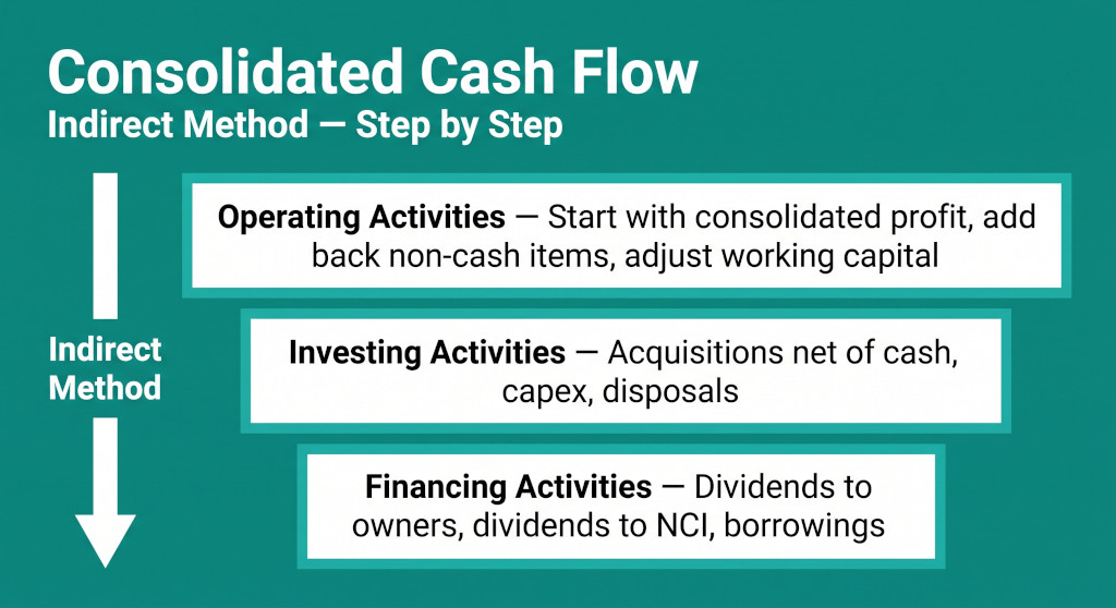 consolidated cash flow statement indirect method step by step