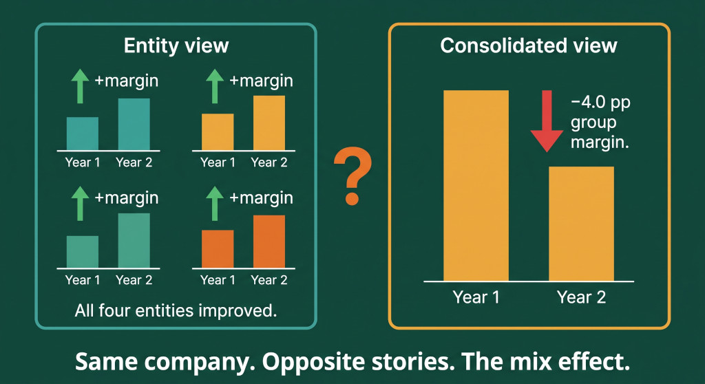 consolidated margin fell but every entity improved