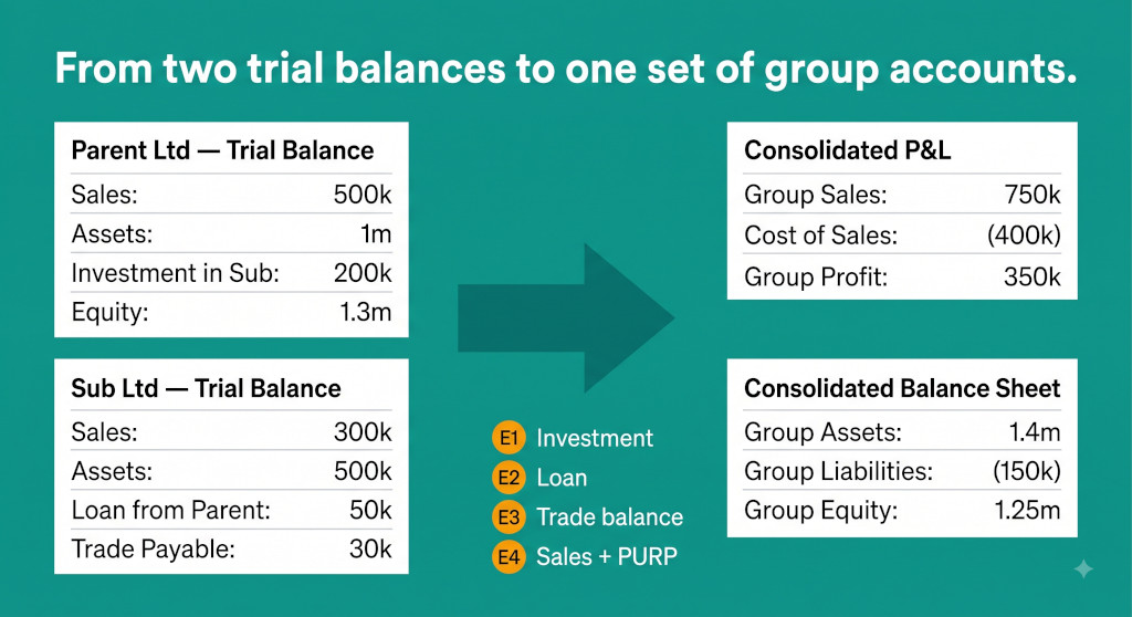 consolidation worked example from trial balances to group accounts