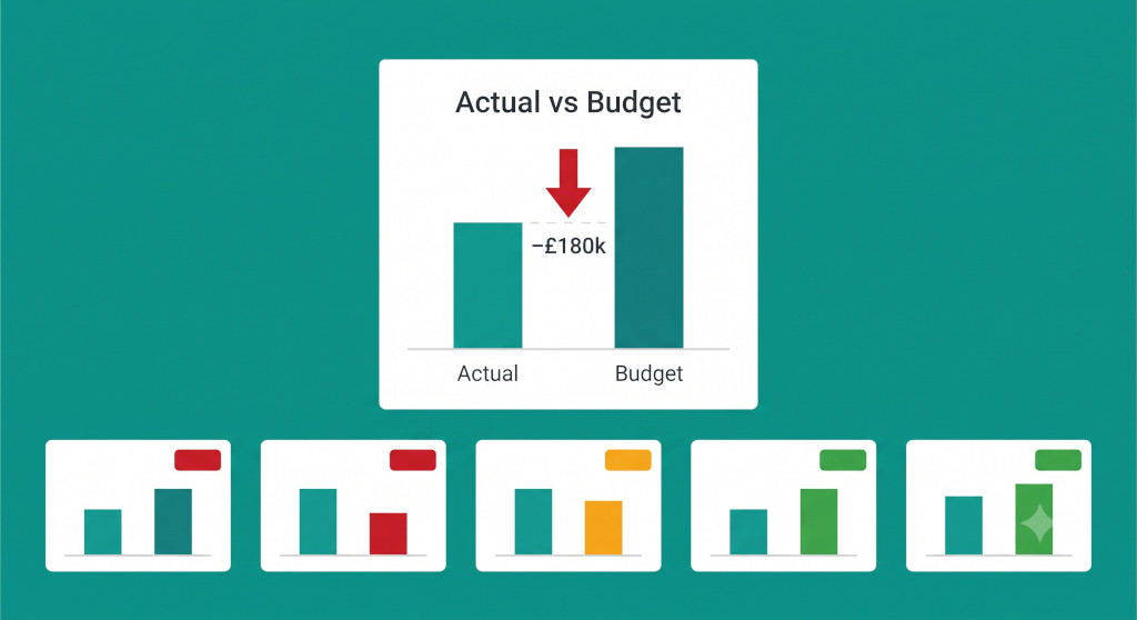 group variance dashboard investigate consolidated results that miss budget